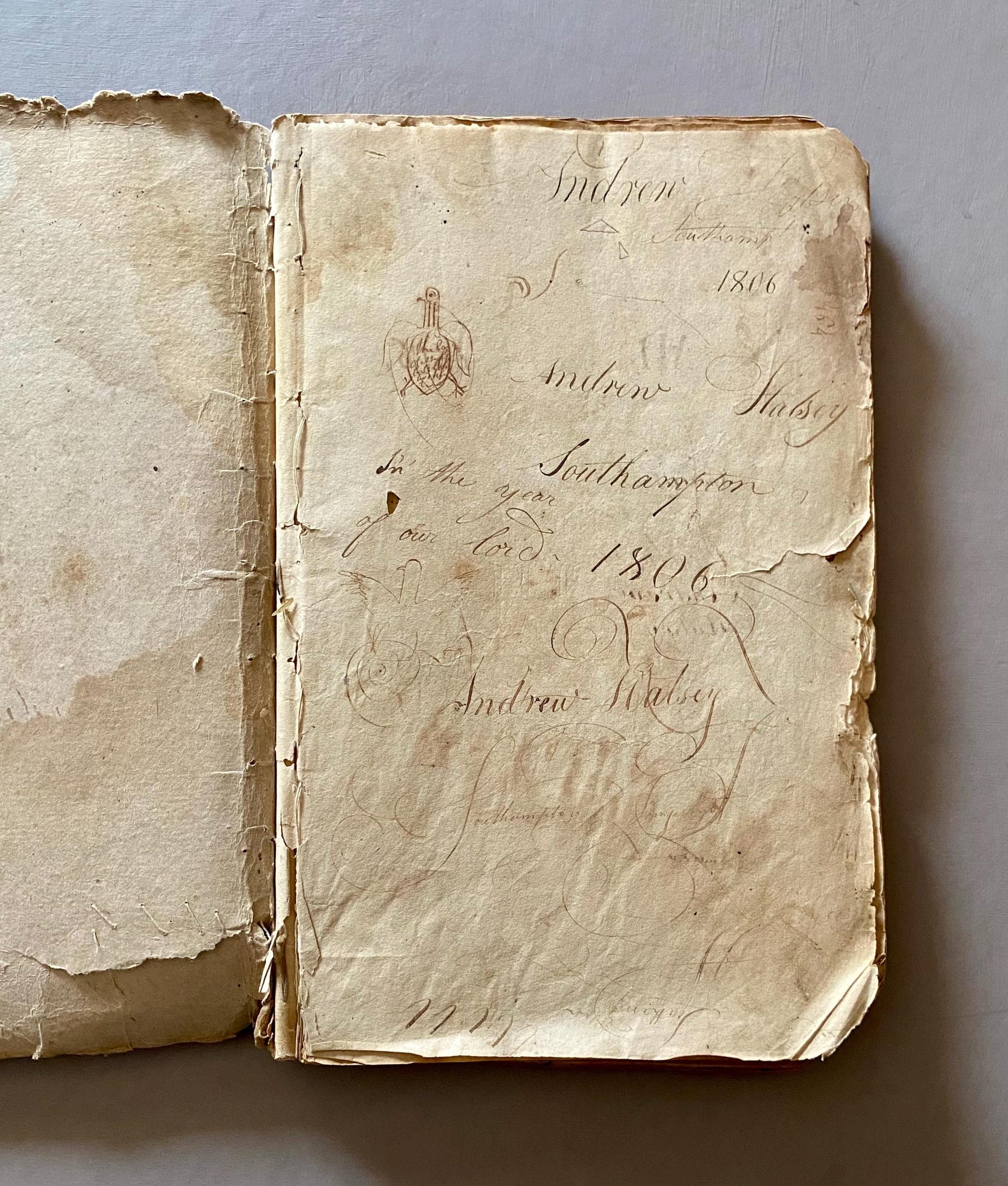 A Workbook Belonging To Andrew Halsey of Halsey House, Southampton, Long island. Dated 1806. 234 Pages. Size: 13 x 8 inches.