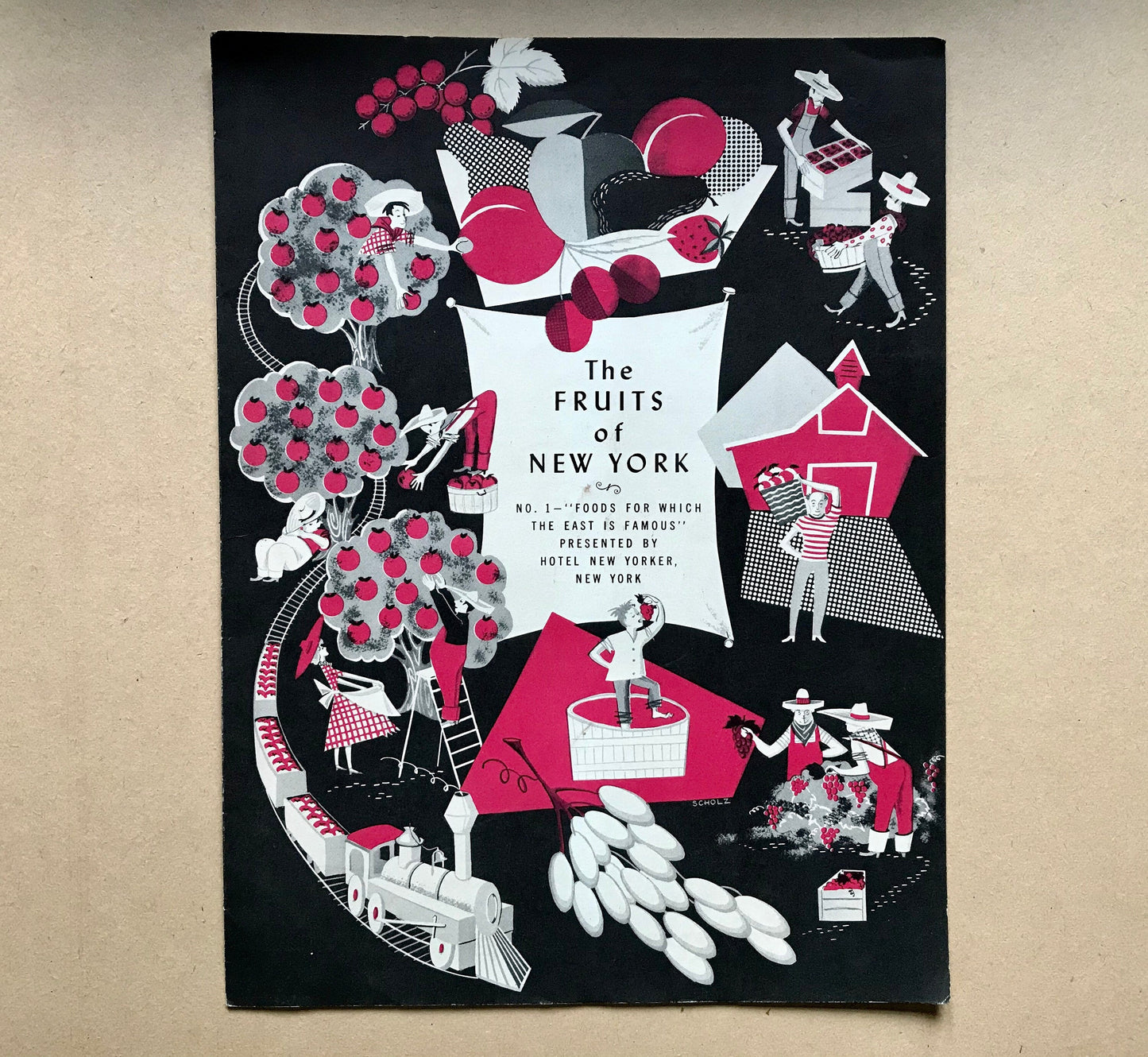 May include: A black and white illustration of a train carrying fruit, with the text "The Fruits of New York" and "No. 1 - Foods for which the East is Famous" presented by Hotel New Yorker, New York.