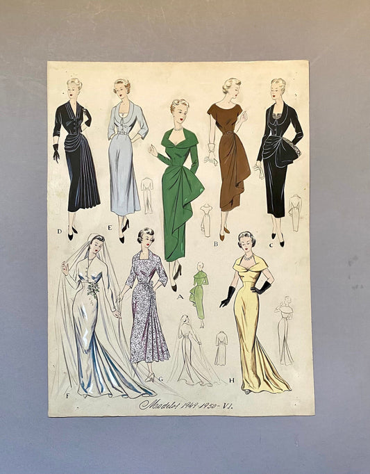 May include: A vintage fashion illustration featuring nine different dress designs for women. The dresses are in various colors and styles, including a black dress with a bow, a green dress with a draped skirt, and a yellow dress with a long train. The illustration is titled "Models 1949-1950-VI."