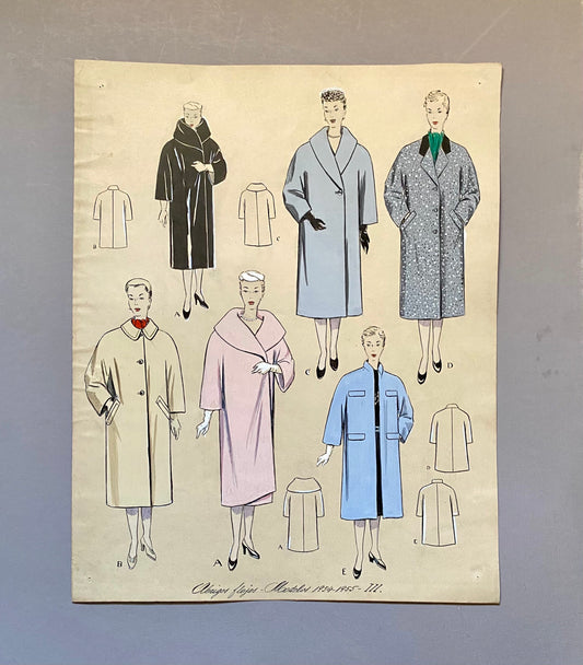 May include: A vintage fashion illustration featuring nine different coat designs for women. The coats are in various colors and styles, including black, blue, pink, and beige. The illustration is titled "Châpeaux, Jupes, Manteaux 1949-1955 - III."