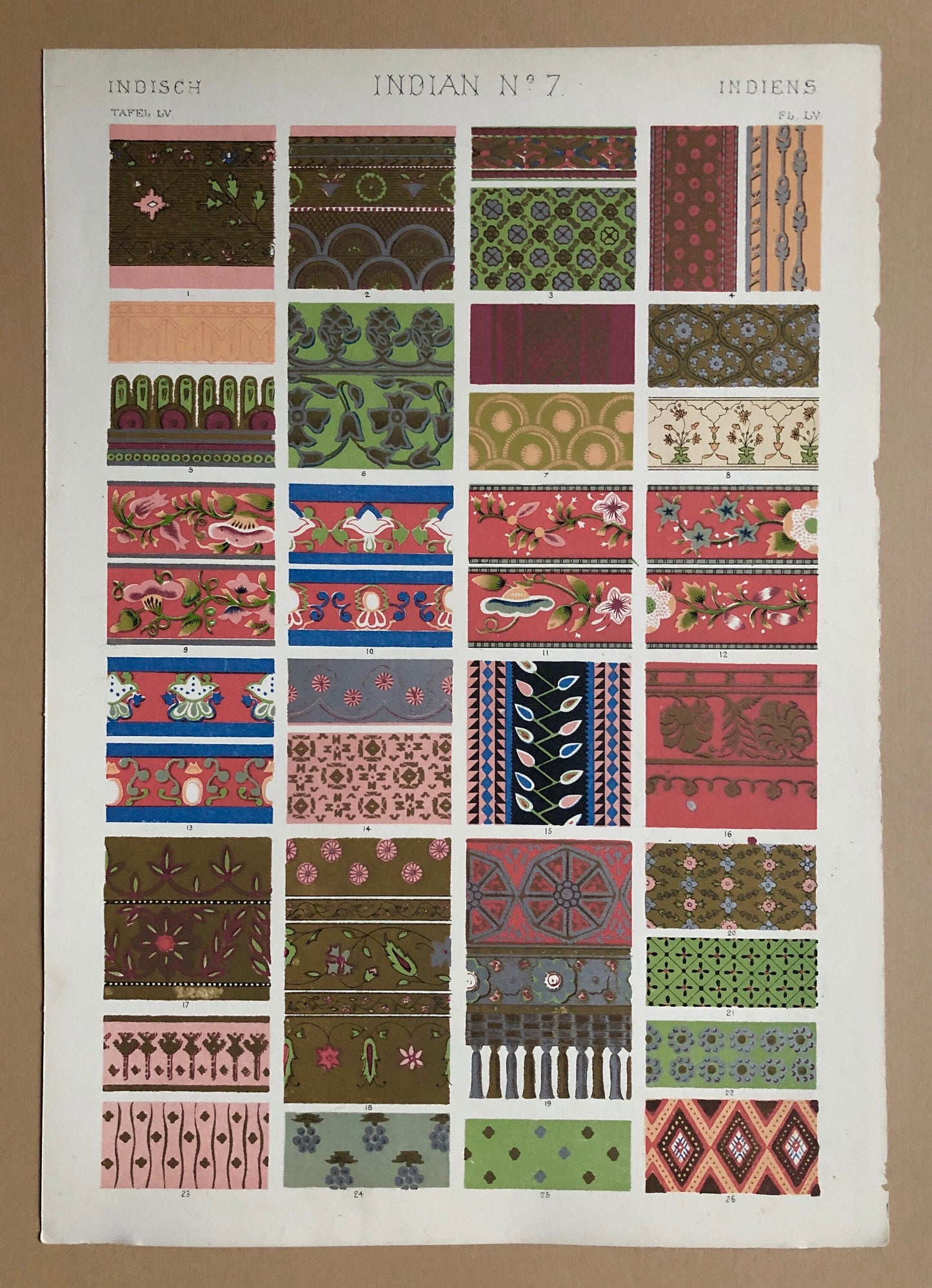 May include: A vintage chart of 24 different Indian-inspired patterns. The chart is titled "Indian No. 7" and includes the text "Indisch" and "Indiens".
