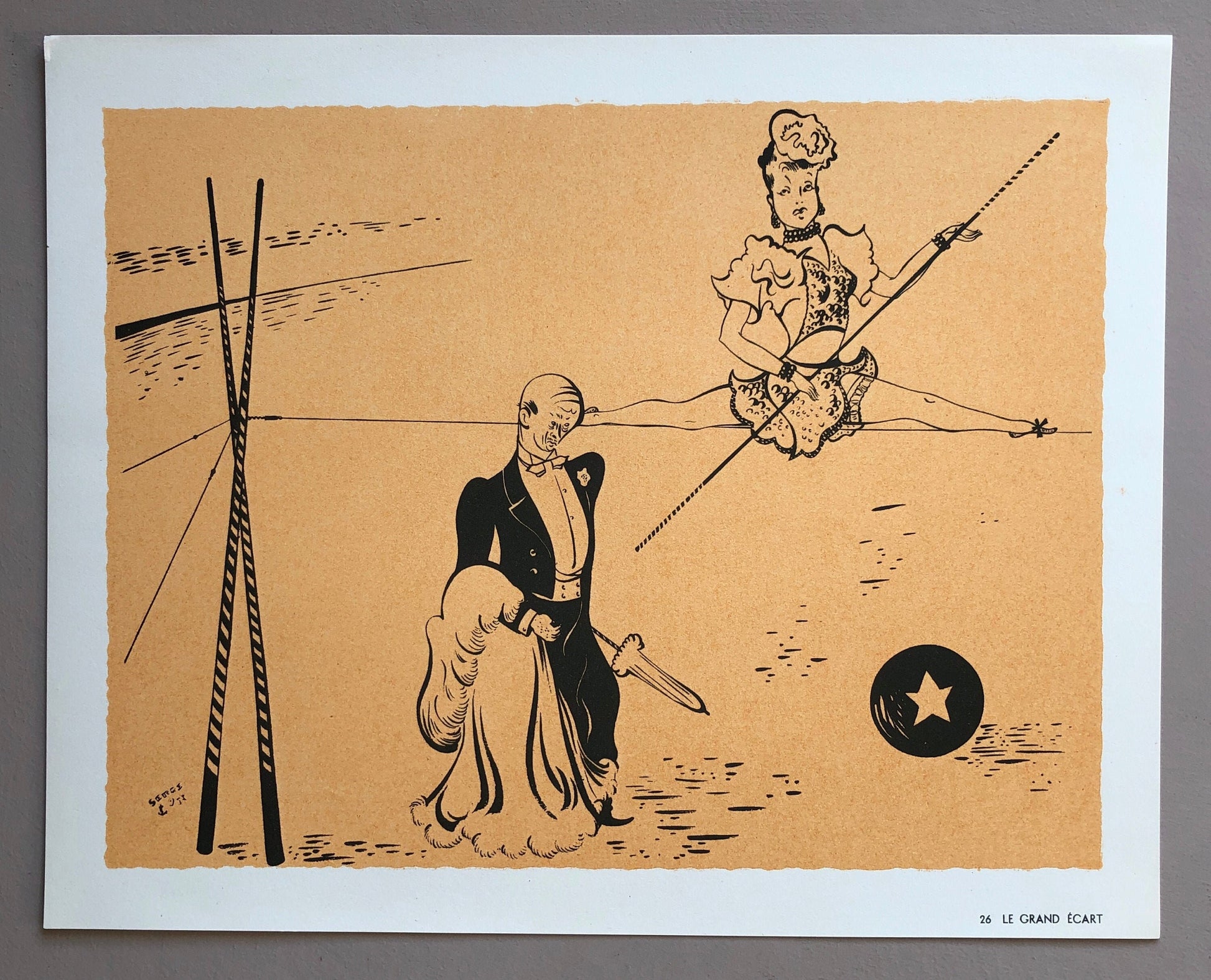 May include: A black and white illustration of a man and a woman performing a circus act. The man is holding a sword and the woman is balancing on a pole. The woman is wearing a hat and a dress. The man is wearing a tuxedo. The background is a light brown color. The text "LE GRAND ÉCART" is at the bottom of the image.