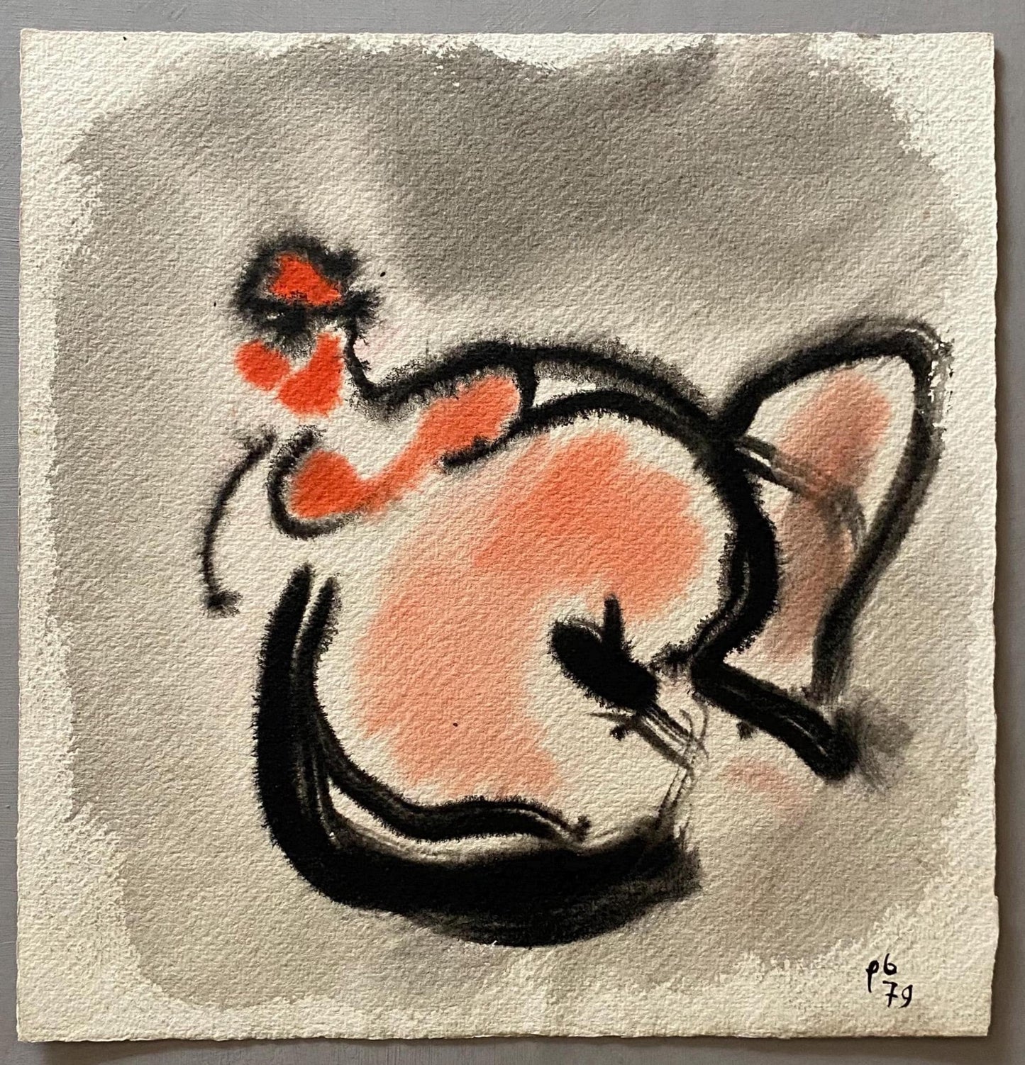 A Painting by Philippe Bérard. Black and Red Watercolour Paint. Created in Paris, France in 1979. Size: 28 x 27 cms.