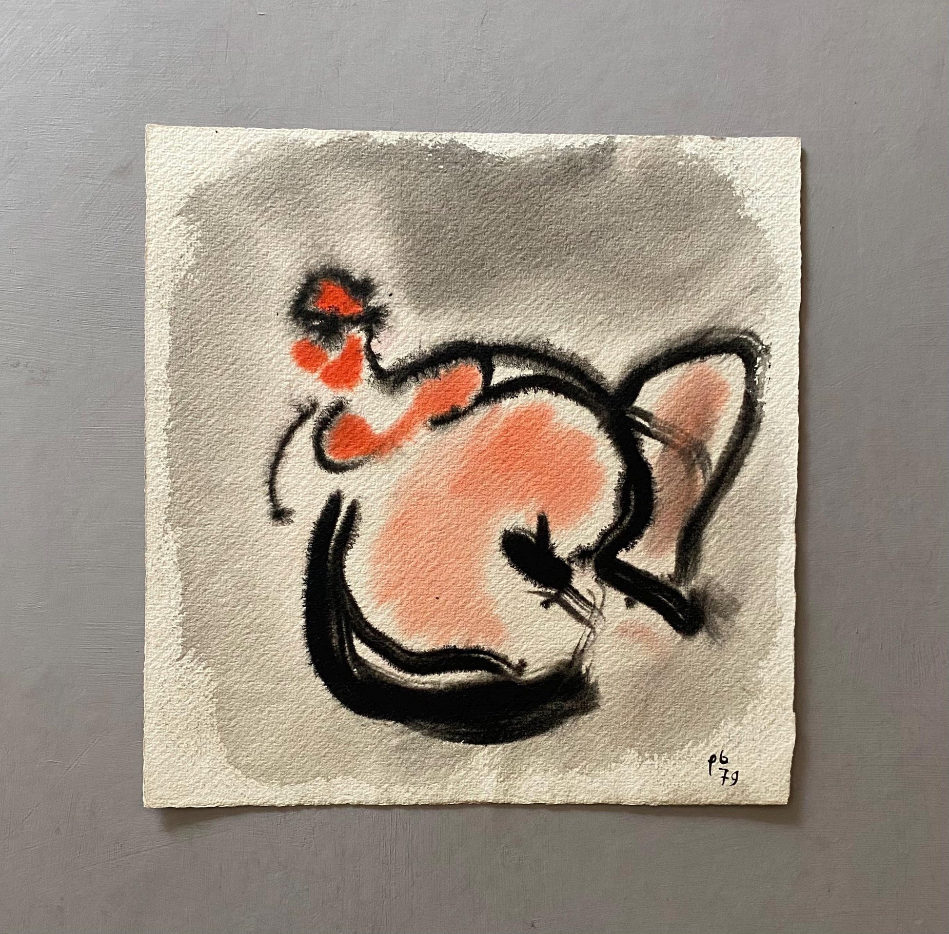 A Painting by Philippe Bérard. Black and Red Watercolour Paint. Created in Paris, France in 1979. Size: 28 x 27 cms.