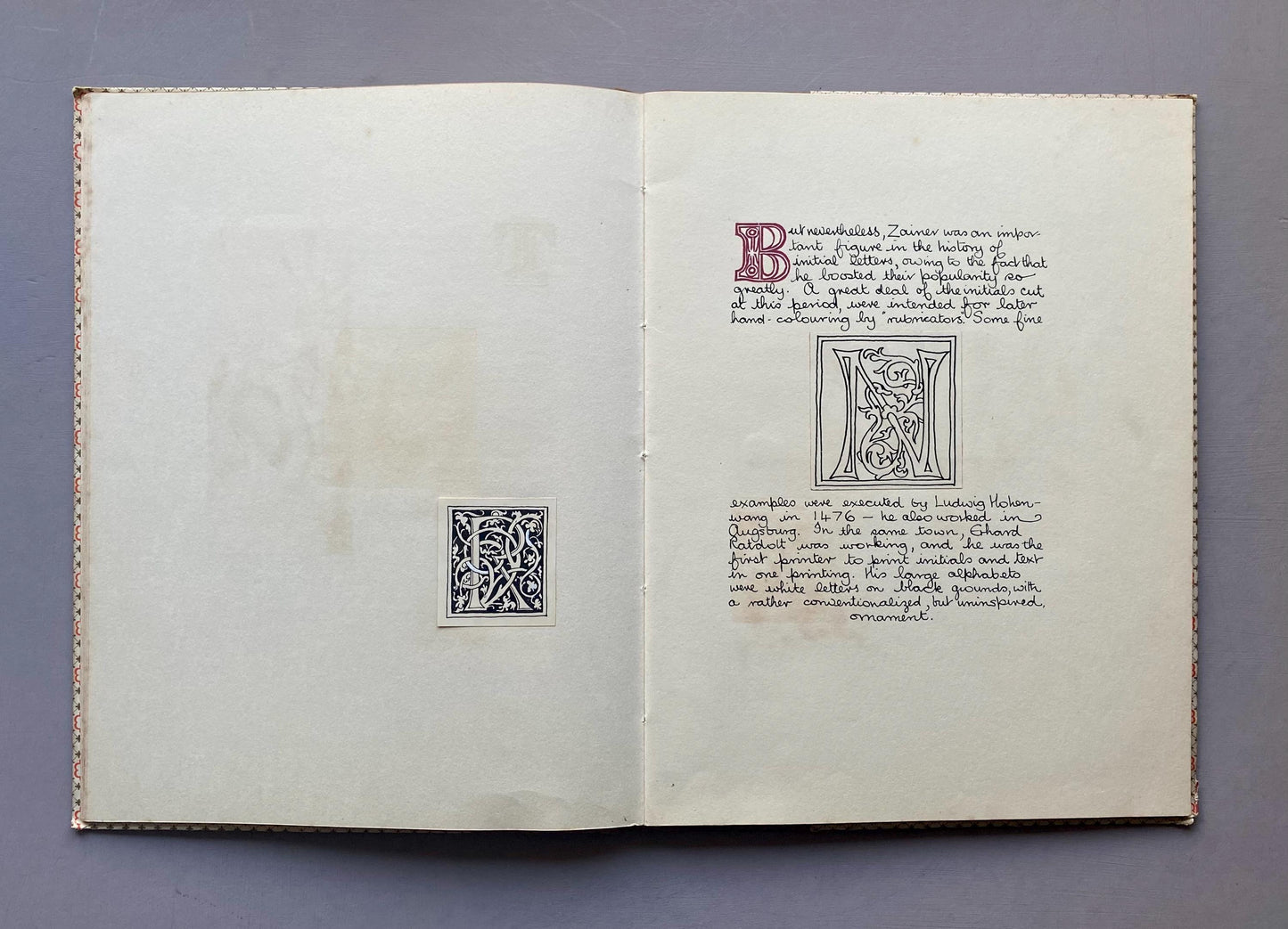 The Decline of The Decorative Initial Letter. An Entirely Handmade Book. Published by The Barleycorn Press in 1954. 33.5 x 25.5 cms.