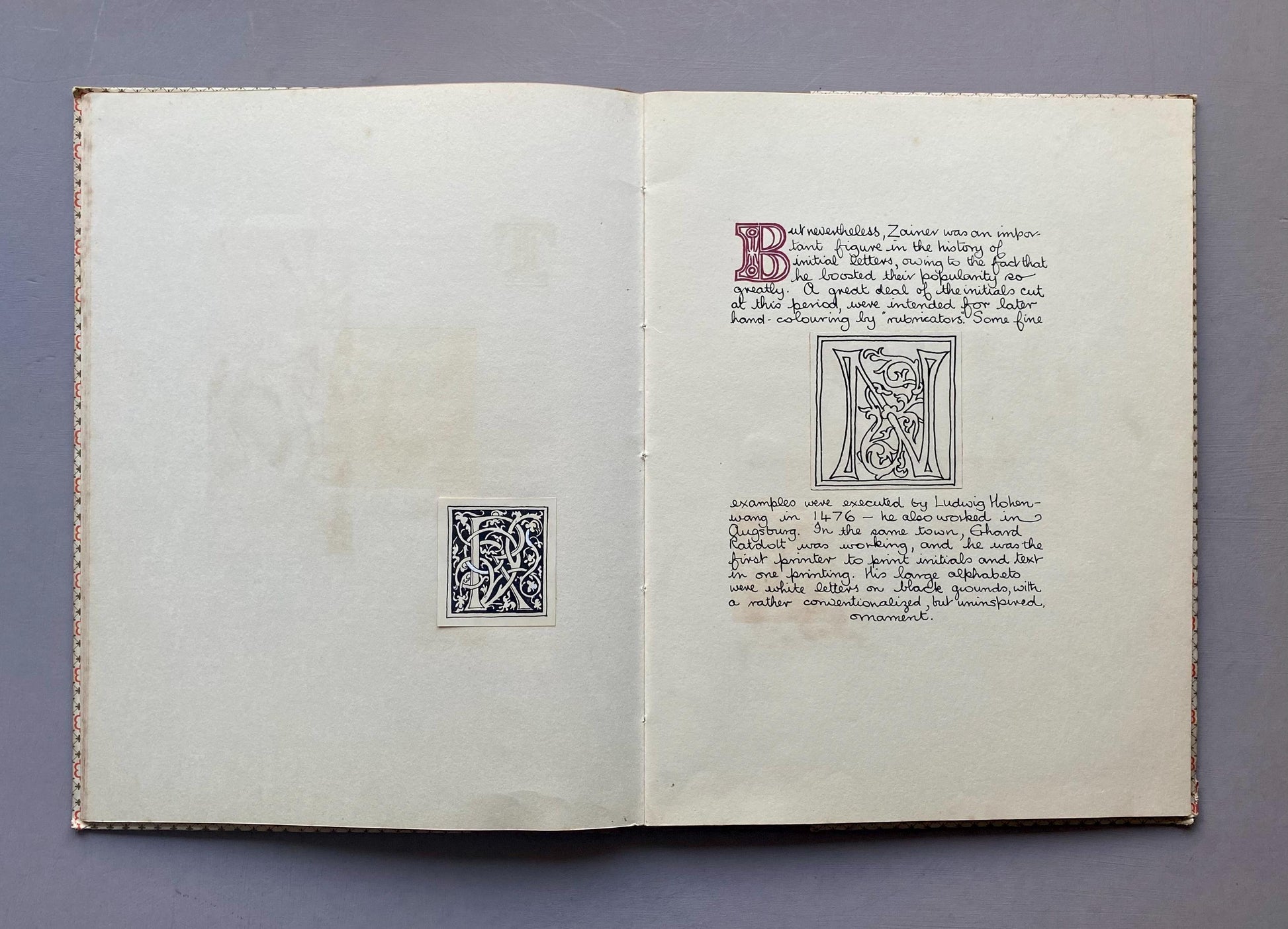 The Decline of The Decorative Initial Letter. An Entirely Handmade Book. Published by The Barleycorn Press in 1954. 33.5 x 25.5 cms.