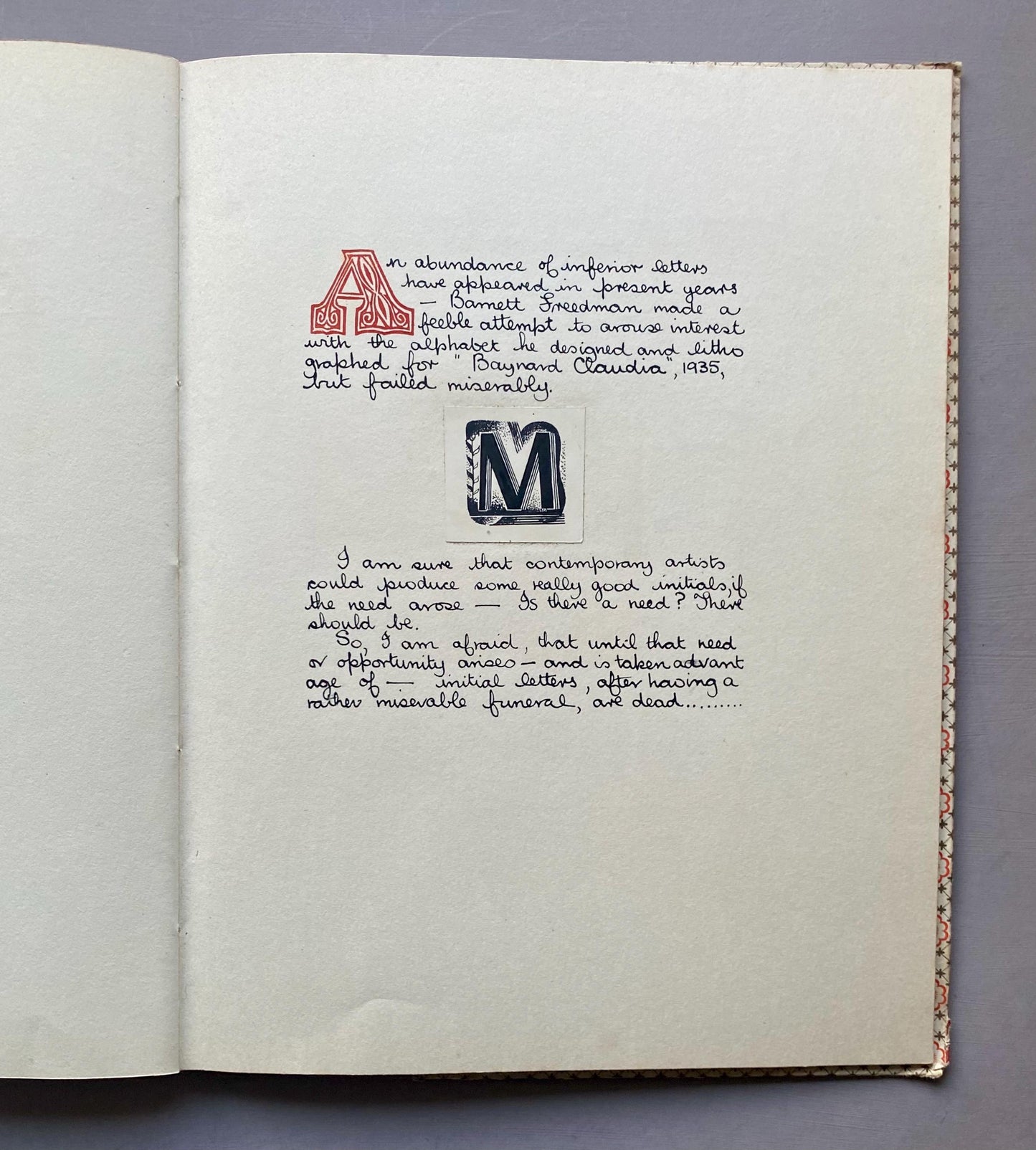 The Decline of The Decorative Initial Letter. An Entirely Handmade Book. Published by The Barleycorn Press in 1954. 33.5 x 25.5 cms.