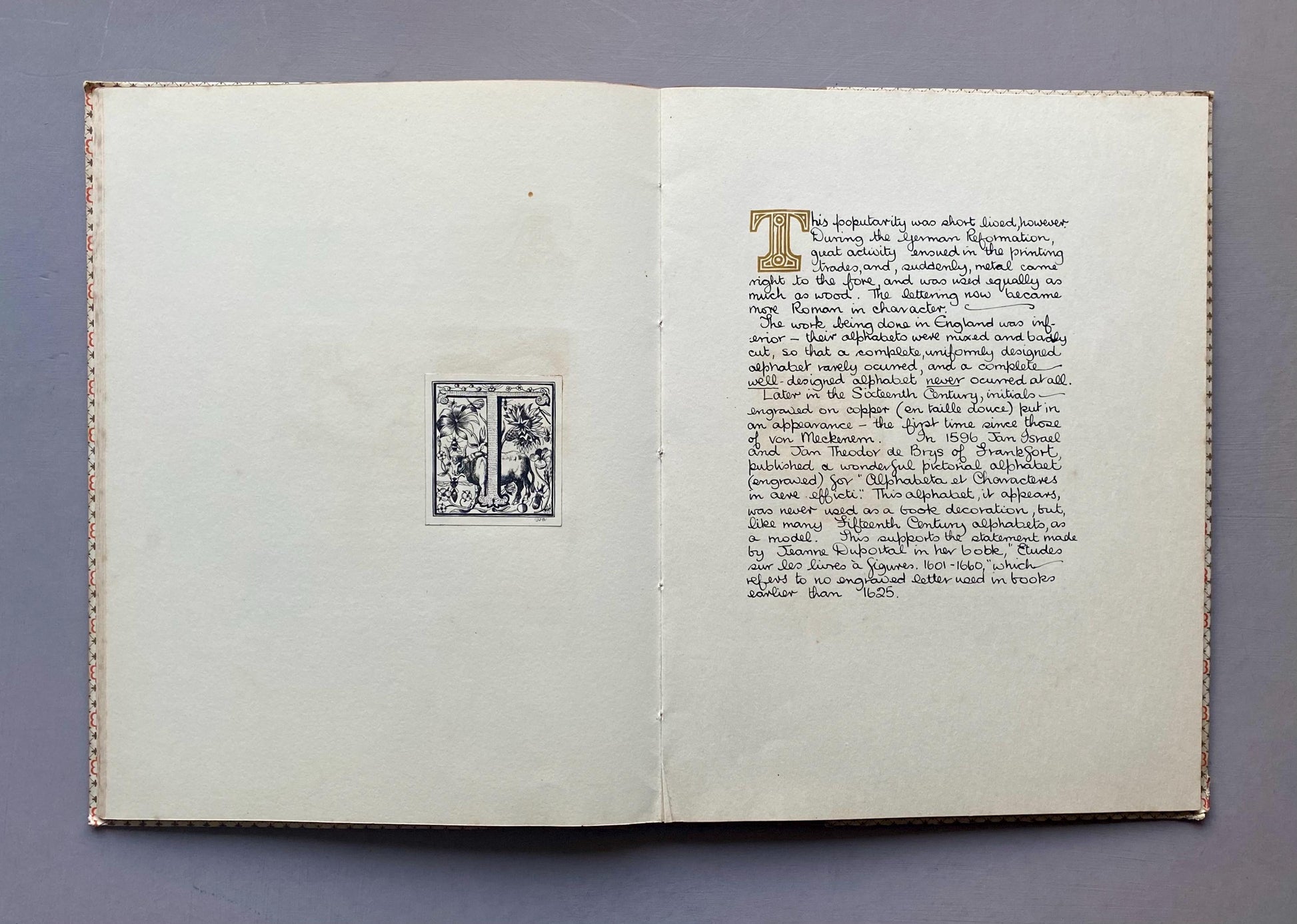The Decline of The Decorative Initial Letter. An Entirely Handmade Book. Published by The Barleycorn Press in 1954. 33.5 x 25.5 cms.