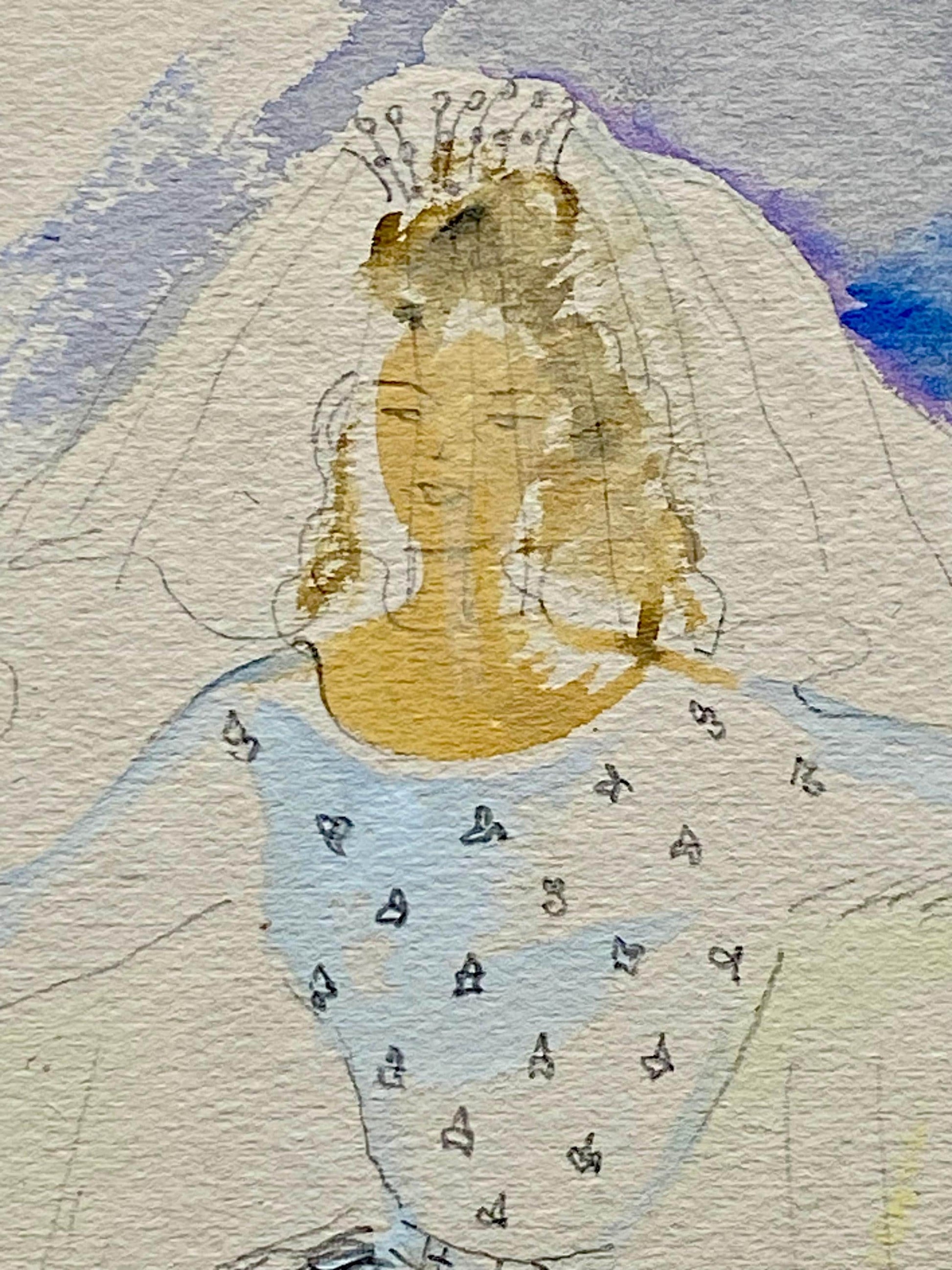An Original Fashion Sketch, or Croquis, from Parisian Designer Yvette Micas. Hand Painted. 1940s. Size: 33 x 25 cms.