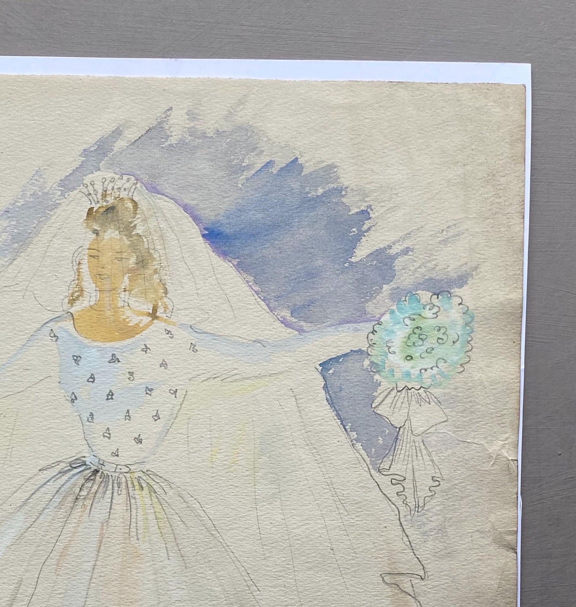 An Original Fashion Sketch, or Croquis, from Parisian Designer Yvette Micas. Hand Painted. 1940s. Size: 33 x 25 cms.