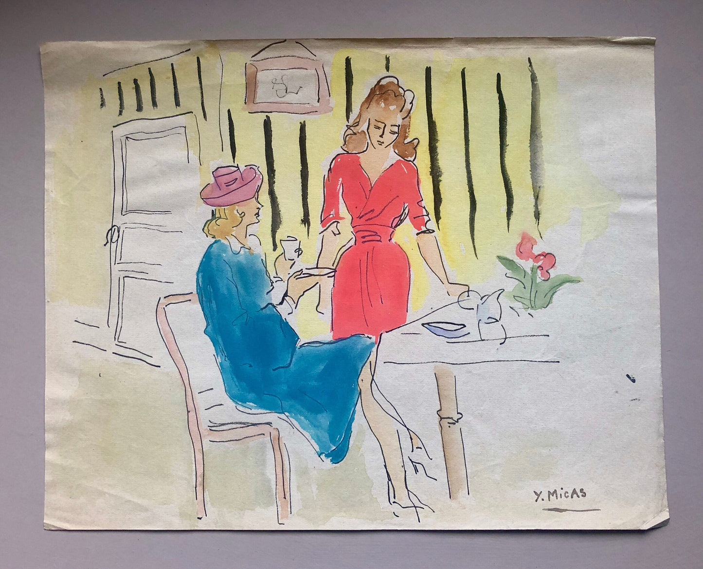May include: A watercolor painting of two women in a room with yellow walls and black and white striped wallpaper. One woman is wearing a red dress and the other is wearing a blue dress and a pink hat. They are sitting at a table with a teapot and cups.