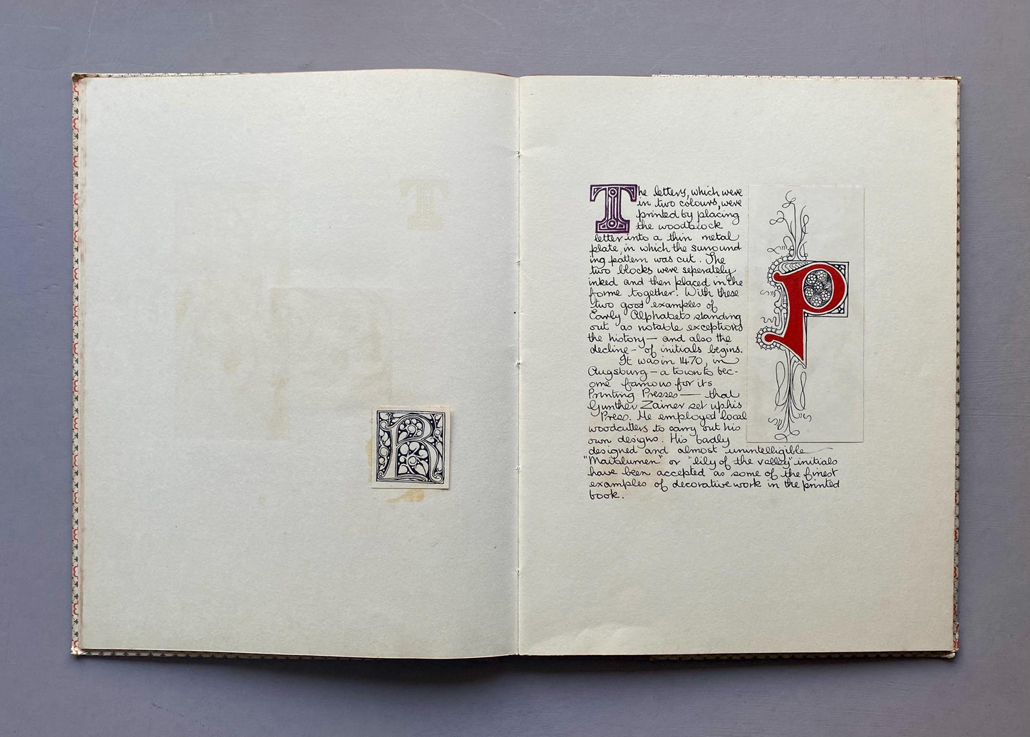 The Decline of The Decorative Initial Letter. An Entirely Handmade Book. Published by The Barleycorn Press in 1954. 33.5 x 25.5 cms.