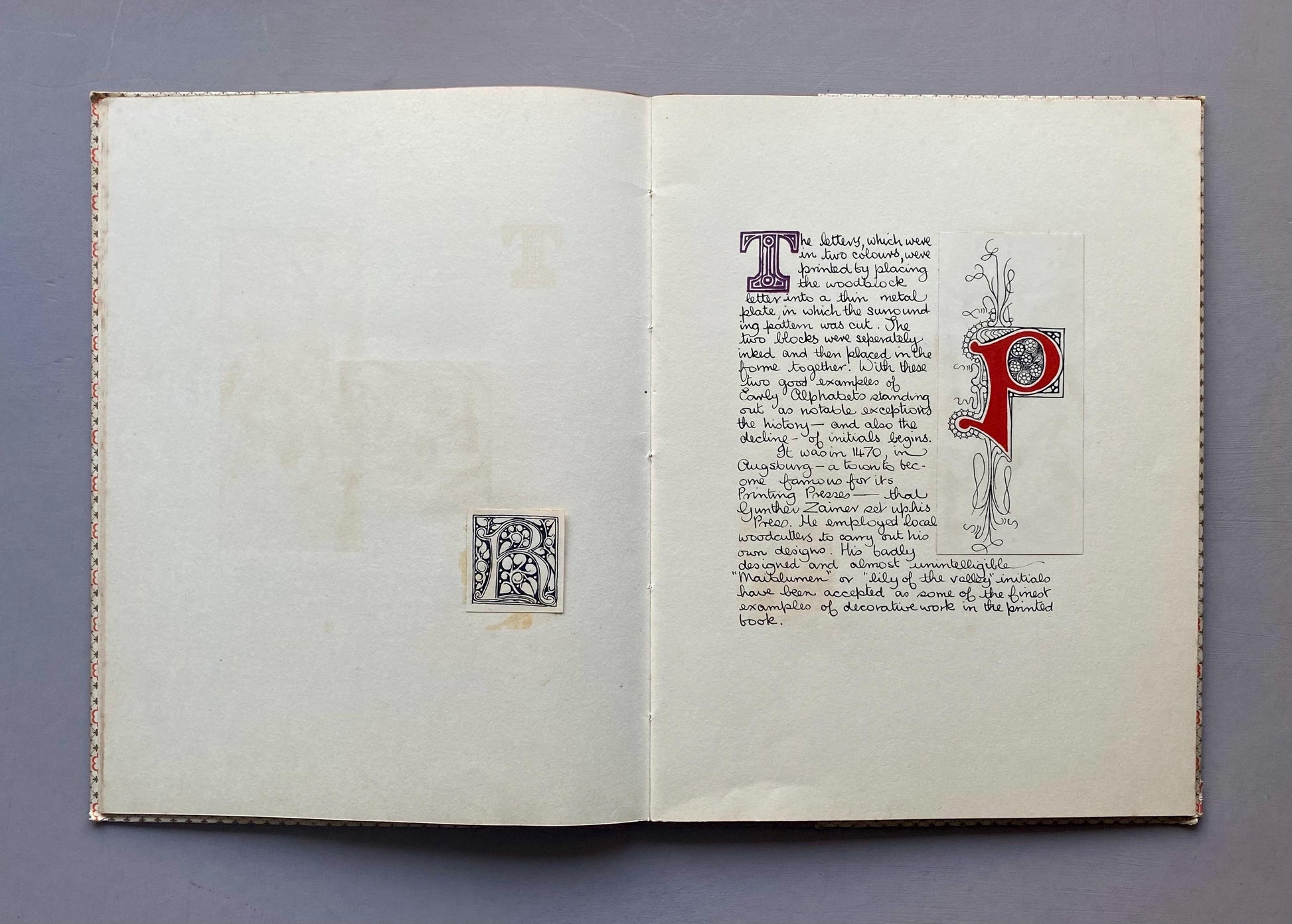 The Decline of The Decorative Initial Letter. An Entirely Handmade Book. Published by The Barleycorn Press in 1954. 33.5 x 25.5 cms.