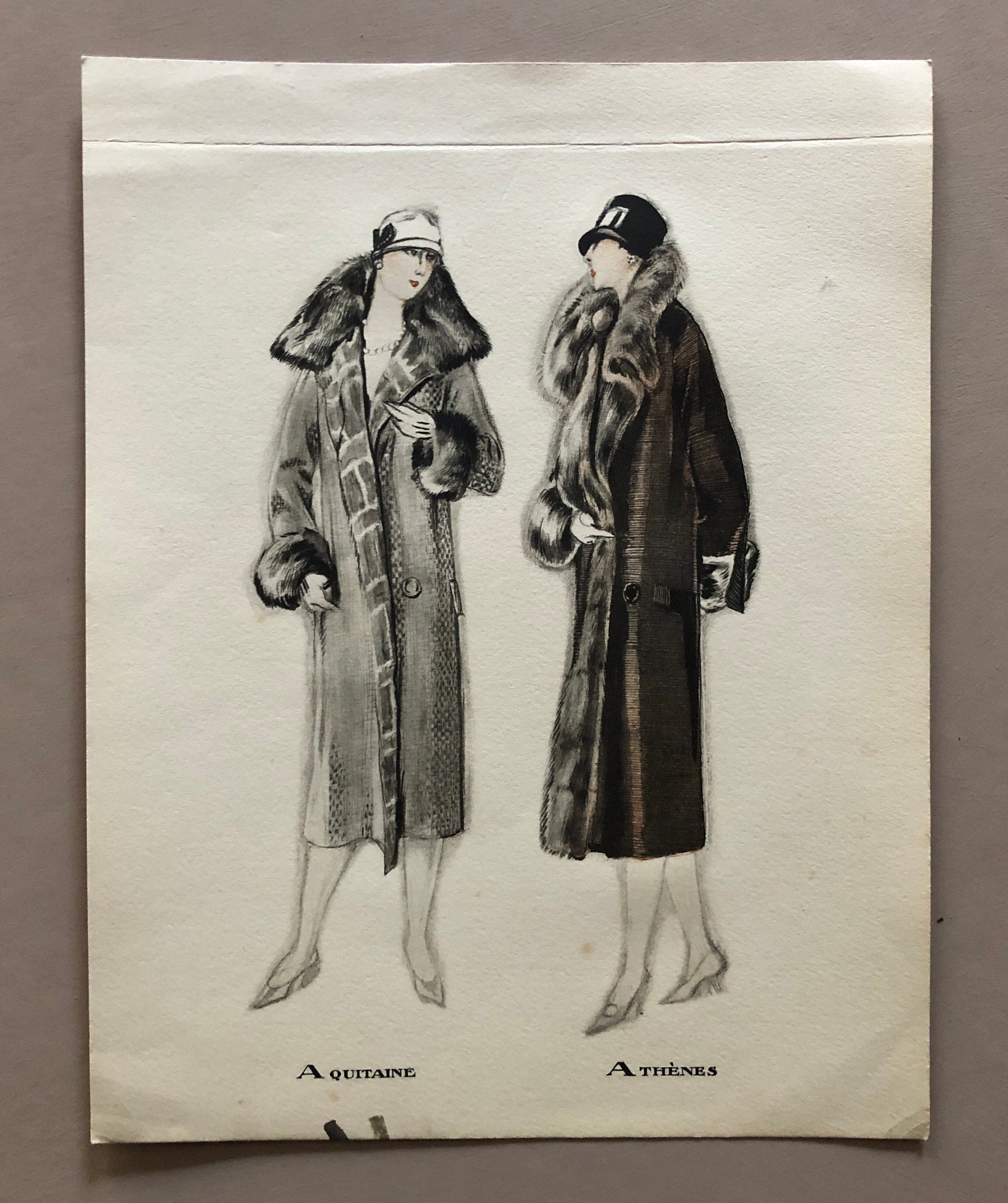 May include: A vintage fashion illustration of two women wearing fur-trimmed coats. The woman on the left is wearing a gray coat with a black and white pattern, while the woman on the right is wearing a brown coat with a black fur collar. Both women are wearing hats and have their hair styled in a bob.
