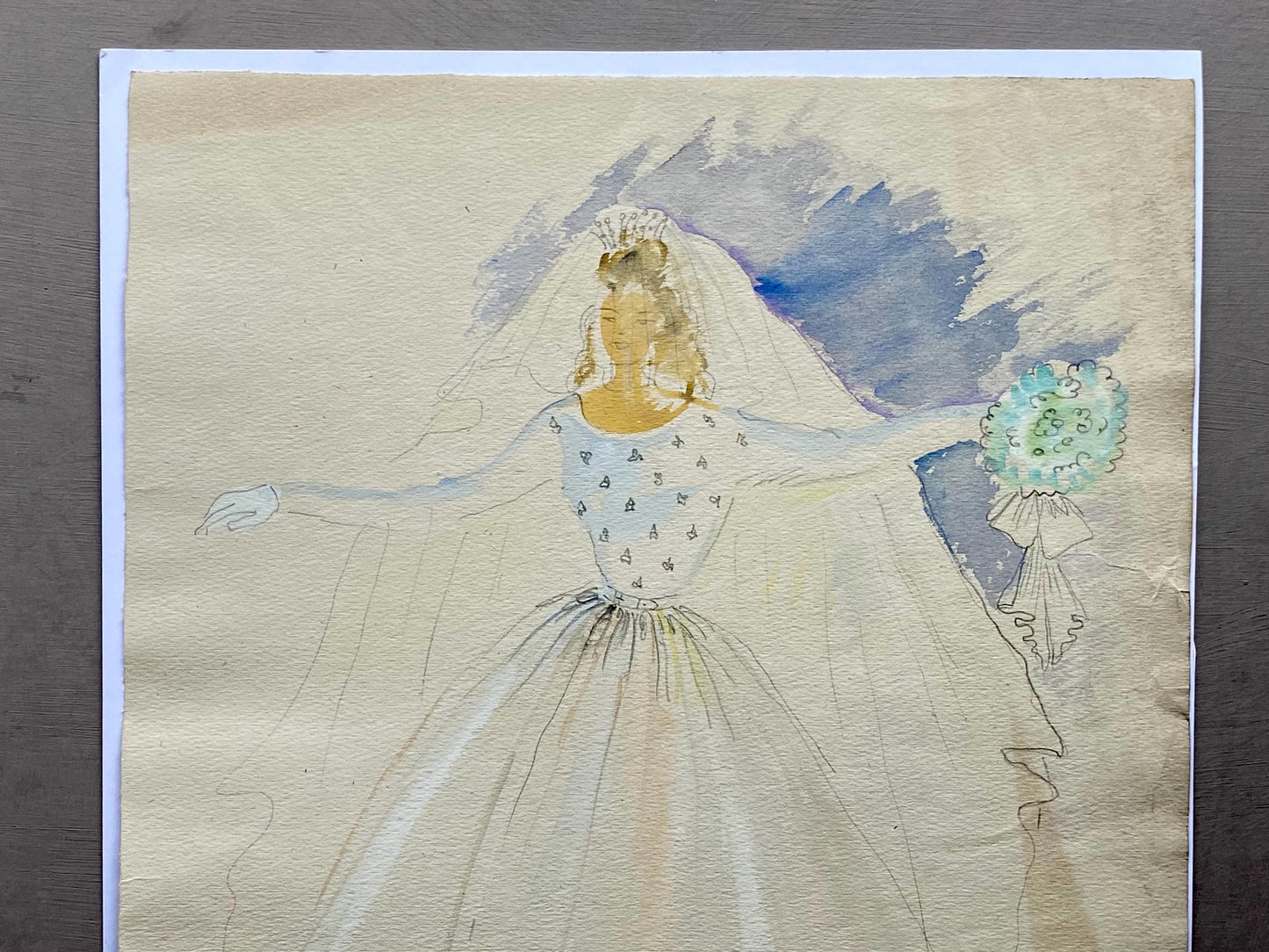 An Original Fashion Sketch, or Croquis, from Parisian Designer Yvette Micas. Hand Painted. 1940s. Size: 33 x 25 cms.