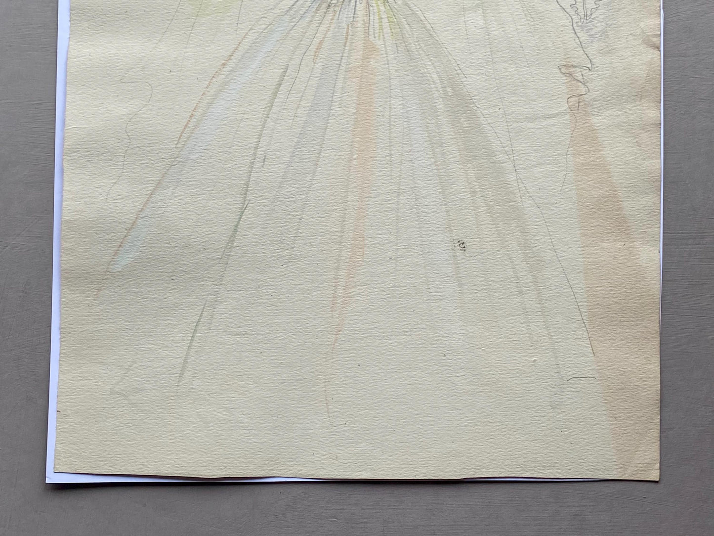 An Original Fashion Sketch, or Croquis, from Parisian Designer Yvette Micas. Hand Painted. 1940s. Size: 33 x 25 cms.