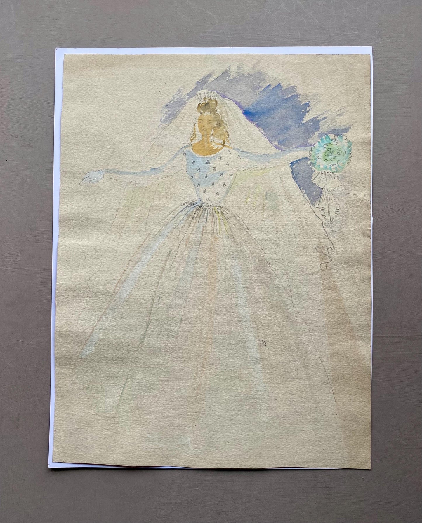 An Original Fashion Sketch, or Croquis, from Parisian Designer Yvette Micas. Hand Painted. 1940s. Size: 33 x 25 cms.