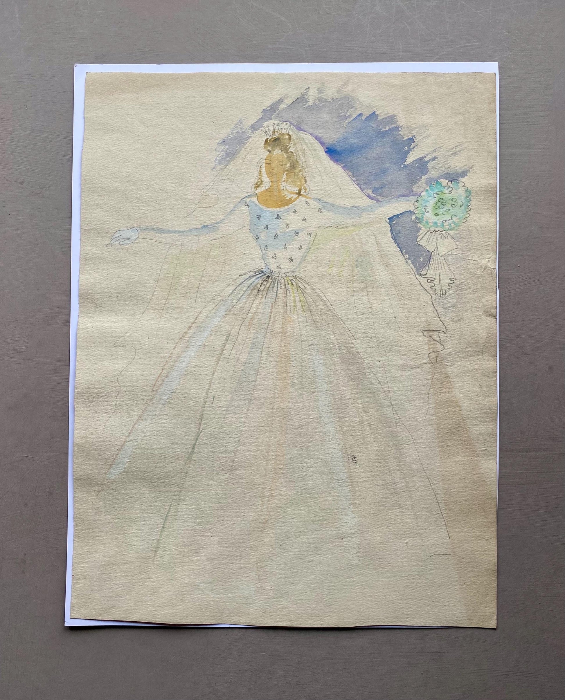 An Original Fashion Sketch, or Croquis, from Parisian Designer Yvette Micas. Hand Painted. 1940s. Size: 33 x 25 cms.