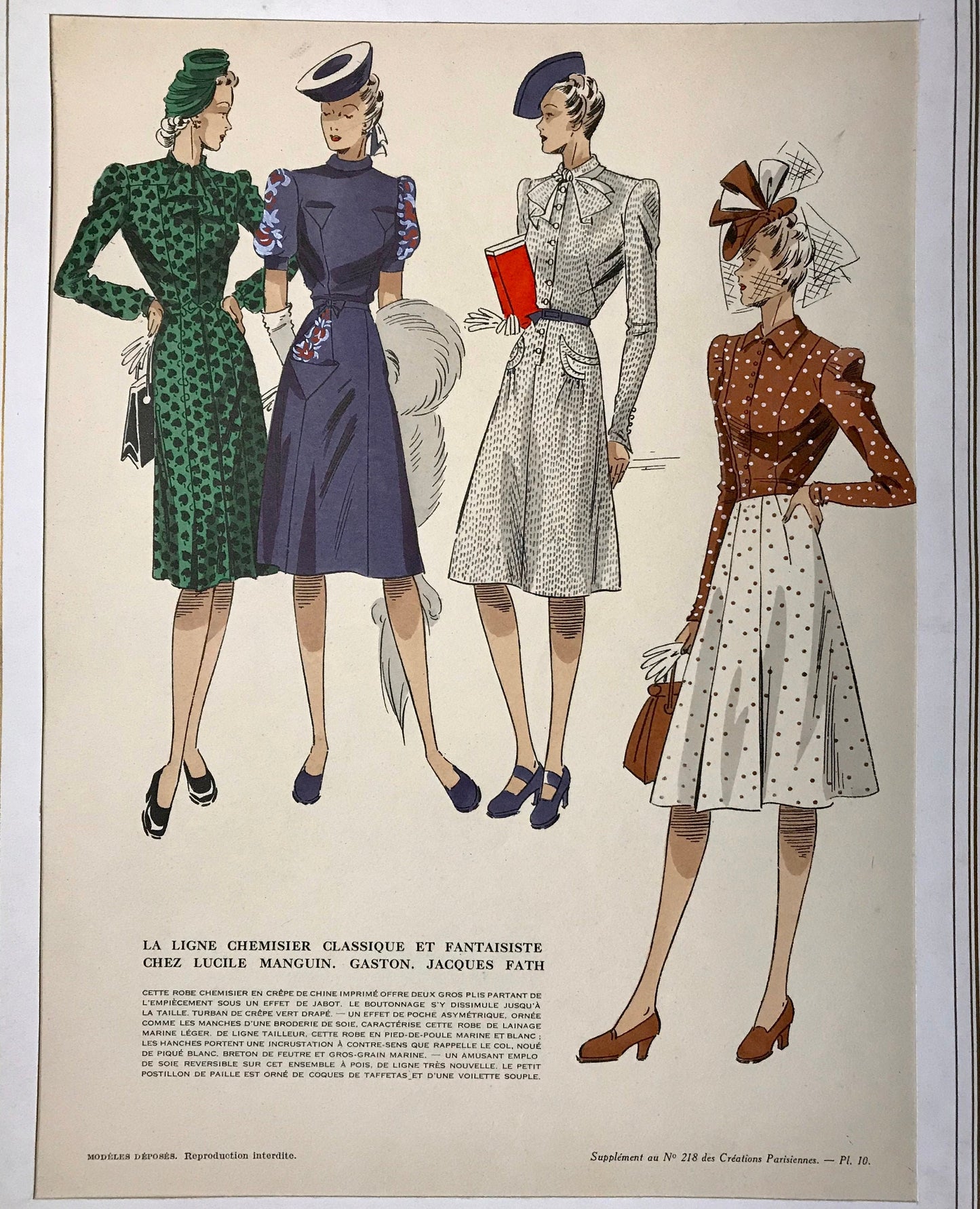 May include: Four women's dresses in different styles and colors. The dresses are all knee-length and have a classic, feminine silhouette. The dresses are shown on mannequins, and the image is set against a white background. The text on the image reads: "La ligne chemisier classique et fantaisiste chez Lucile Manguin. Gaston. Jacques Fath."