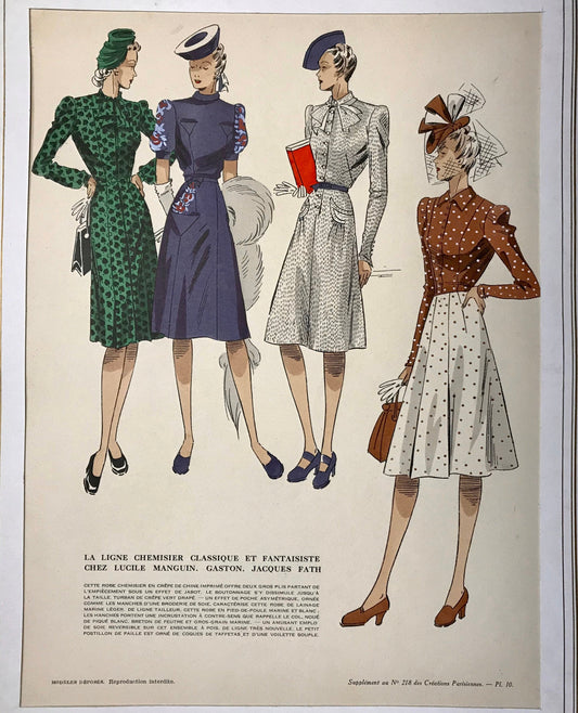 May include: Four women's dresses in different styles and colors. The dresses are all knee-length and have a classic, feminine silhouette. The dresses are shown on mannequins, and the image is set against a white background. The text on the image reads: "La ligne chemisier classique et fantaisiste chez Lucile Manguin. Gaston. Jacques Fath."