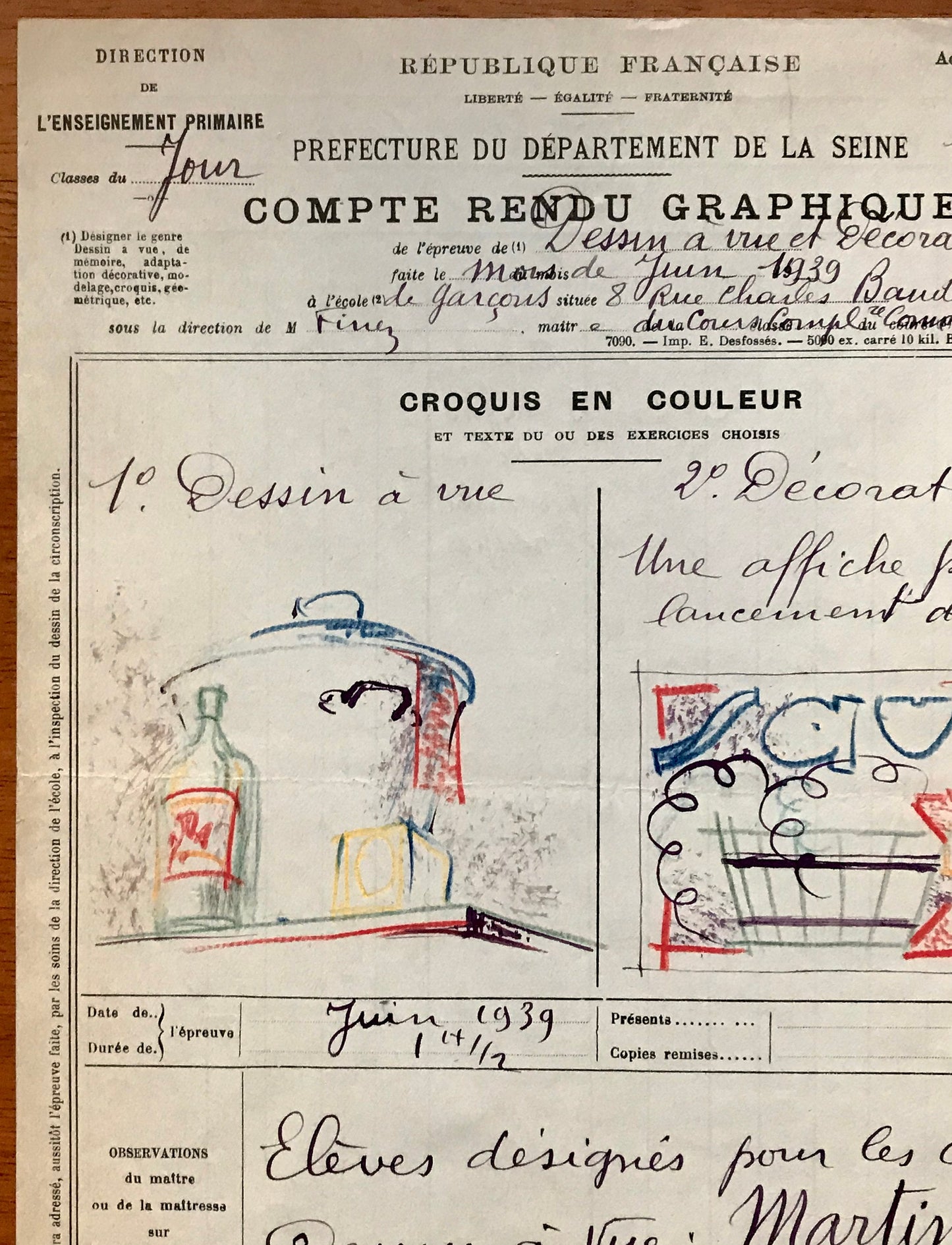 An original artwork. An Examination Piece from a Parisian Art School. Dated 1939. Size: 27 x 21 cms.