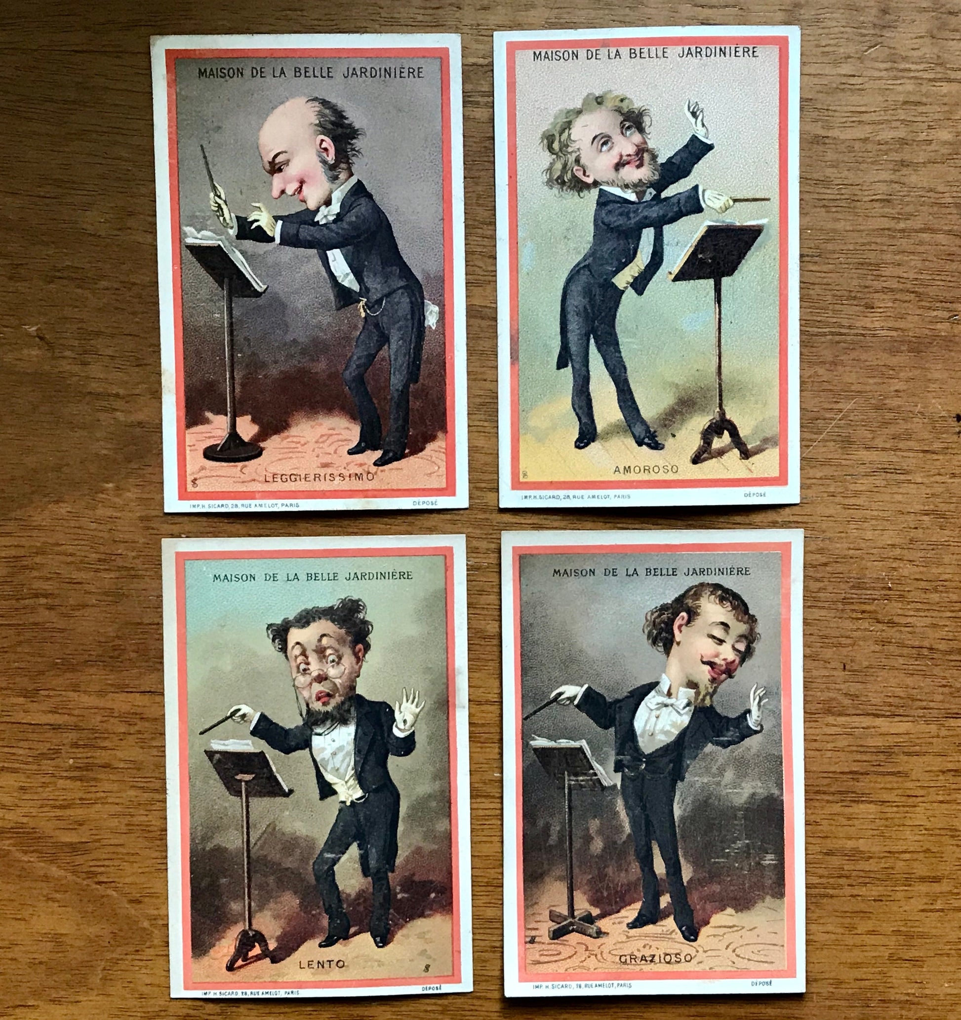 A Set of 8 French Trade Cards. Featuring conductors illustrating the mood of the music played. Dated 1878. Size: 12 x 8 cms.