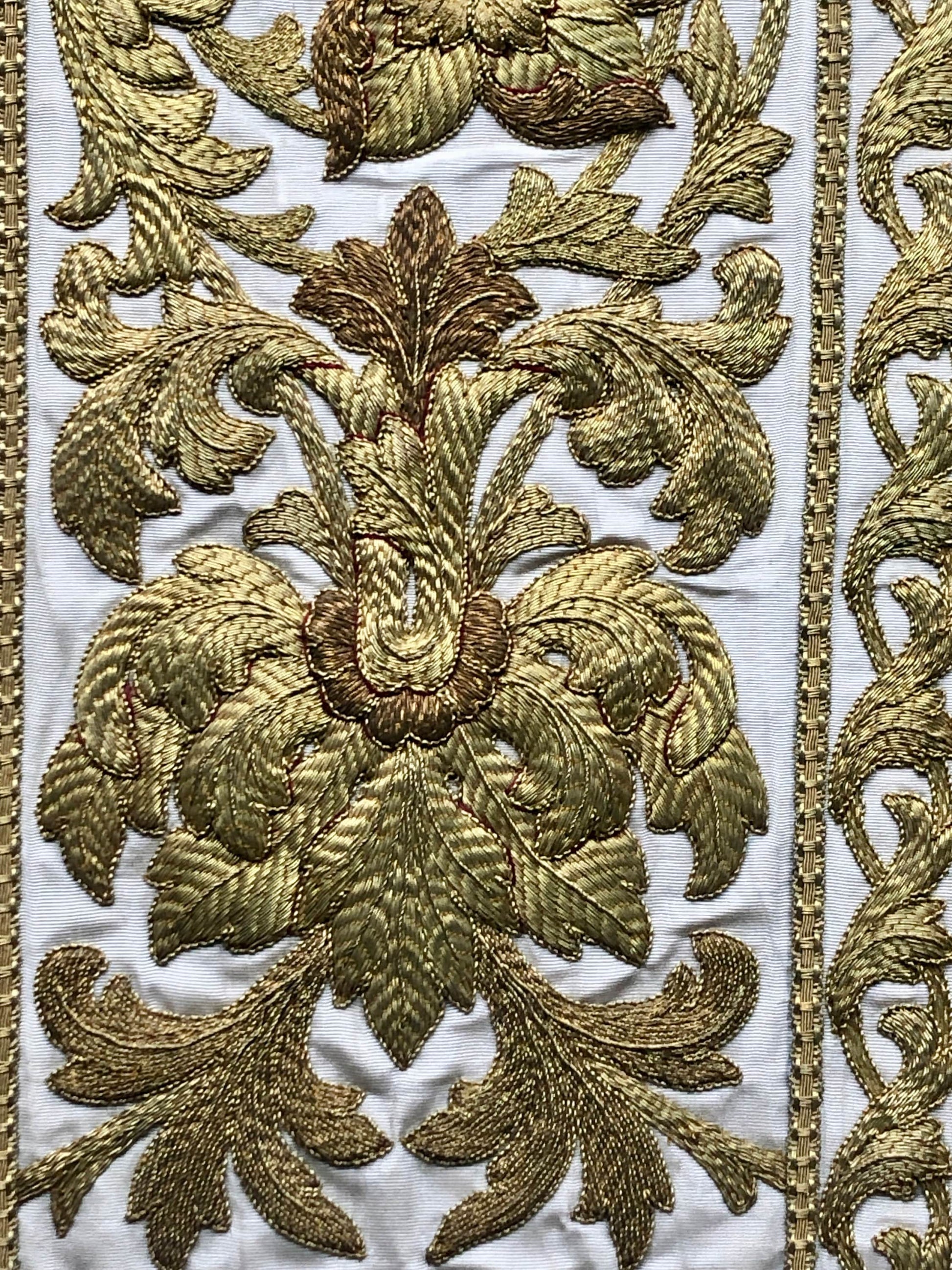 A Textile Sample From Lyon, France. Design For a Chasuble. Heavily Embroidered With Gold Thread. Late 19th Century. 46 x 43.5 cms .