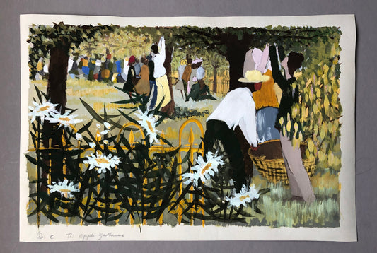 An Original Artwork Entitled The Apple Gatherers. An Examination Piece. Paint and Ink. Unsigned. Possibly 1960’s Size: 32.5 x 31.5 cms.