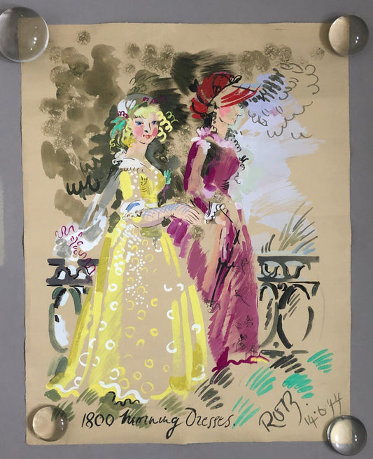 An Original Watercolour Entitled 1800 Morning Dress. Georgian Dress. Dated 1944. Signed by ROB. Size: 60 x 47 cms.