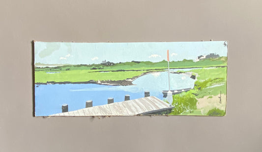 Creeks With Dock. Nantucket Island. An Original Artwork by John Austin (1918-2000). Egg Tempura. Possibly 1970’s. Signed. 44 x 17 cms.
