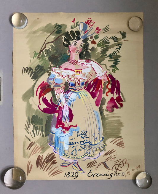 An Original Watercolour Entitled 1829 Evening Dress. Georgian Dress. Dated 1944. Signed by ROB. Size: 60 x 47 cms.
