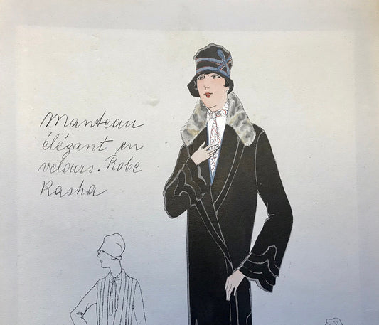 An Original Fashion Sketch, or Croquis, from Parisian Atelier Bachwitz. A Hand Coloured Lithograph print. 1930’s. Size: 30.2 x 19.1 cms.