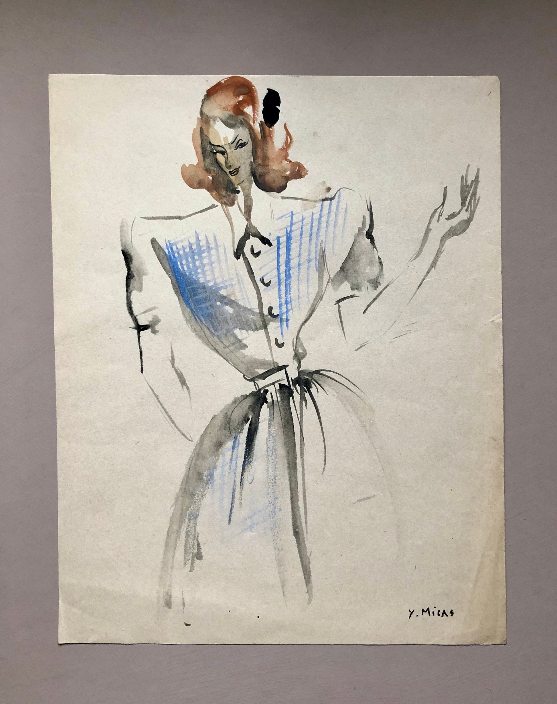 An Original Fashion Sketch, or Croquis, by Parisian Designer Yvette Micas. Hand Painted. 1940’s. Signed. Size: 26.5 X 20.5 cms.