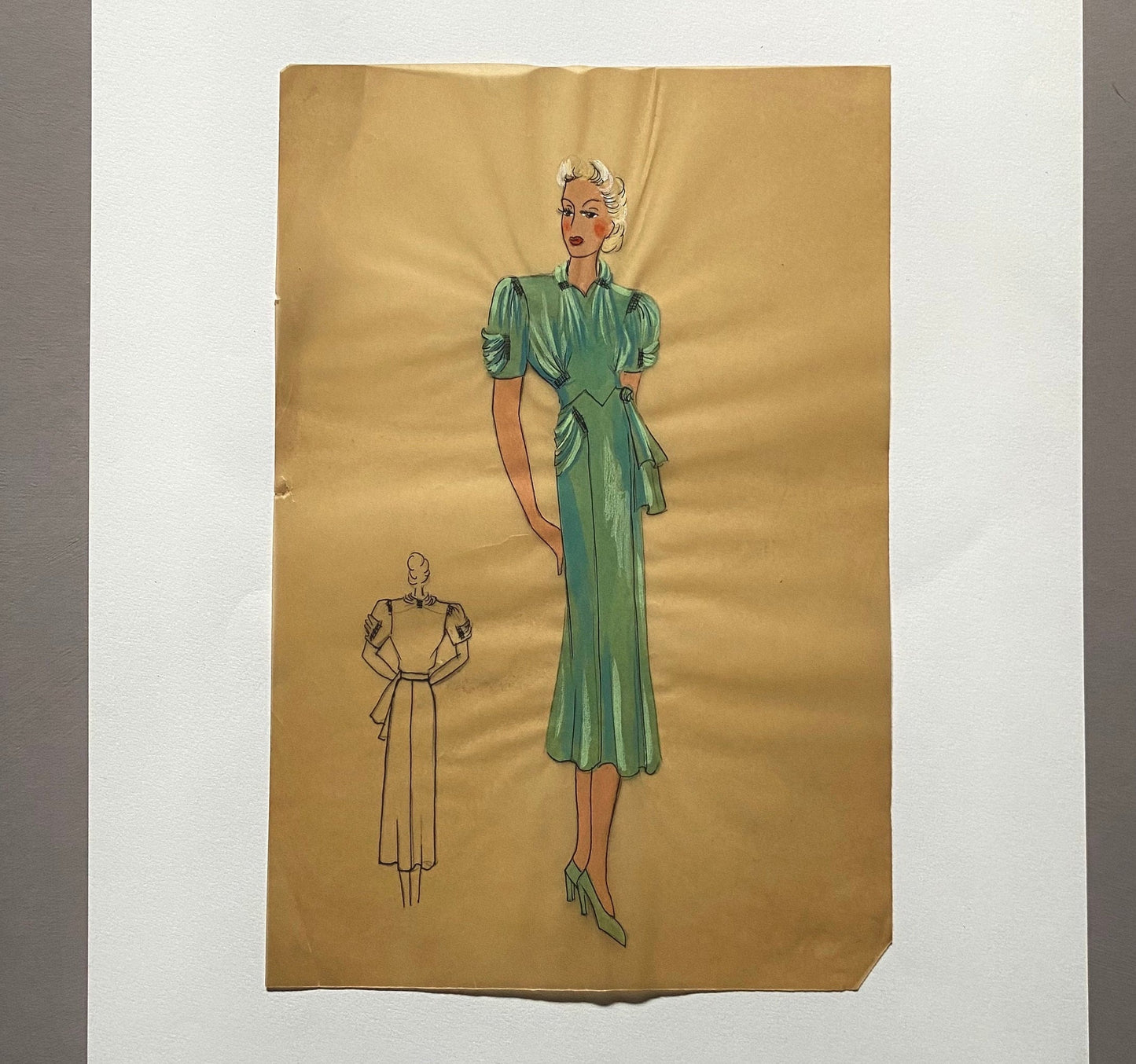 An Original Croquis or Fashion Sketch. Watercolour on Glassine Paper. French. 1950s. Size: 18.5 x 27.5 cms.