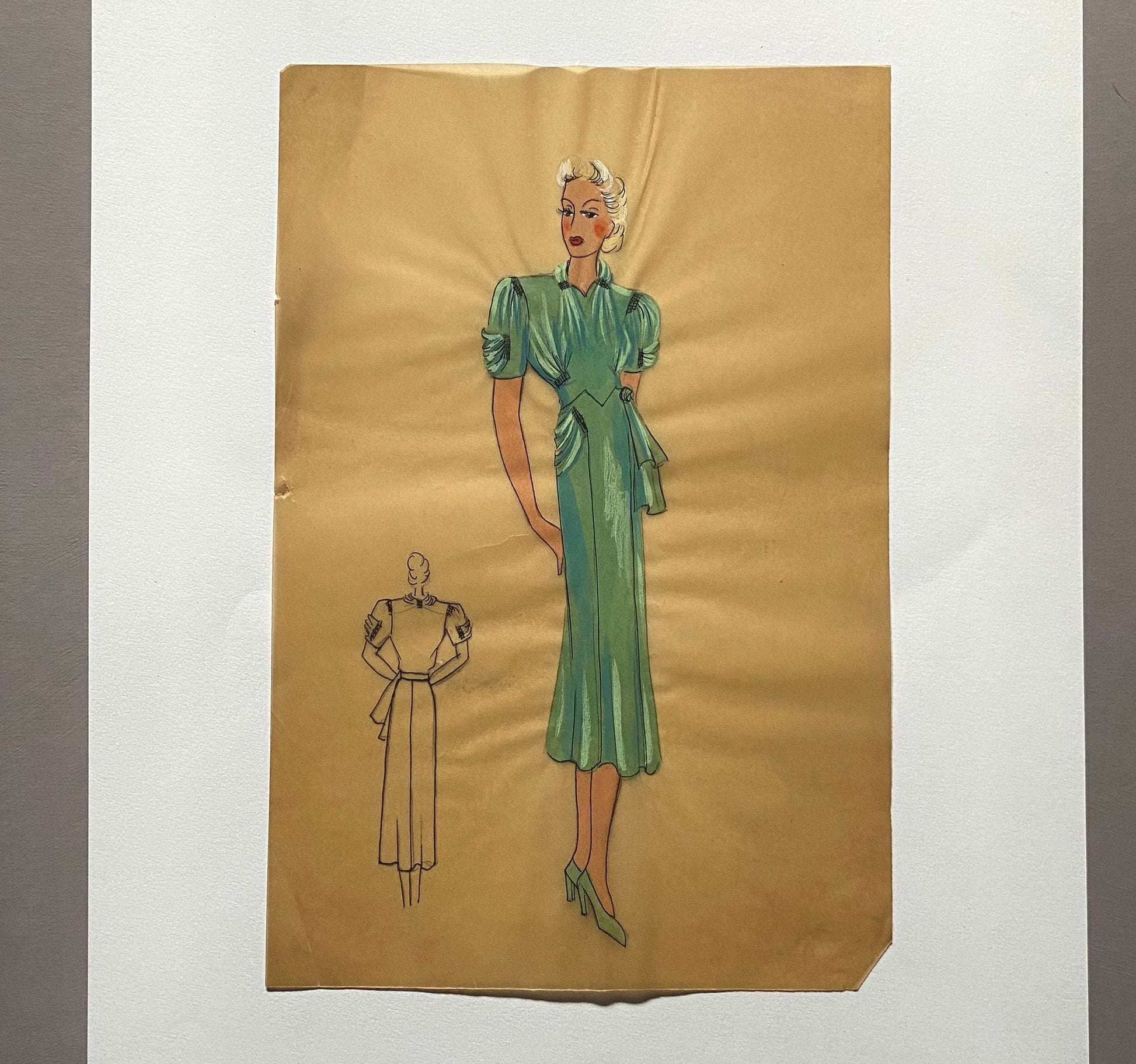 An Original Croquis or Fashion Sketch. Watercolour on Glassine Paper. French. 1950s. Size: 18.5 x 27.5 cms.
